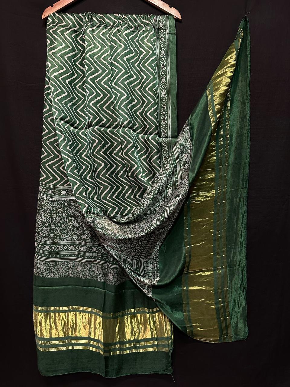 "Bottle Green Bandhani Modaal Gajji Silk Suit Set with Golden Lagdi Patta Dupatta"