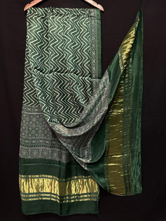 "Bottle Green Bandhani Modaal Gajji Silk Suit Set with Golden Lagdi Patta Dupatta"