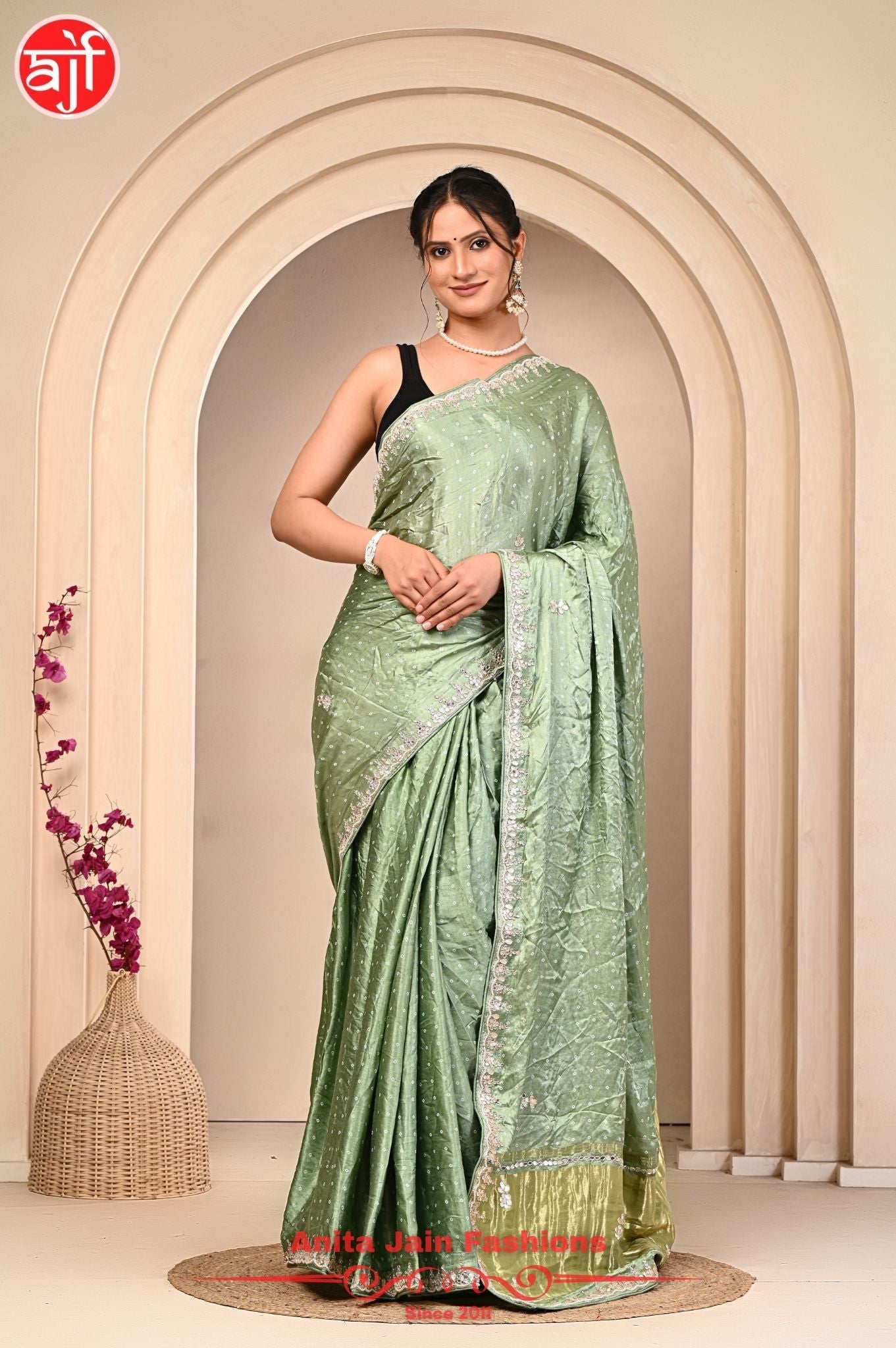 Modal Gajji Silk Saree with Bandhani Design and Gota Patti Border