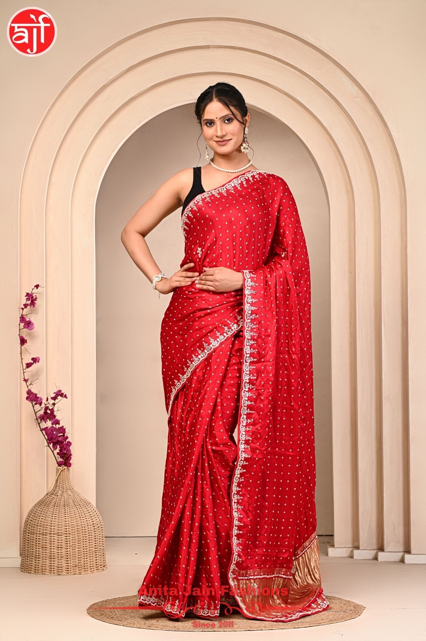 Modal Gajji Silk Saree with Bandhani Design and Gota Patti Border