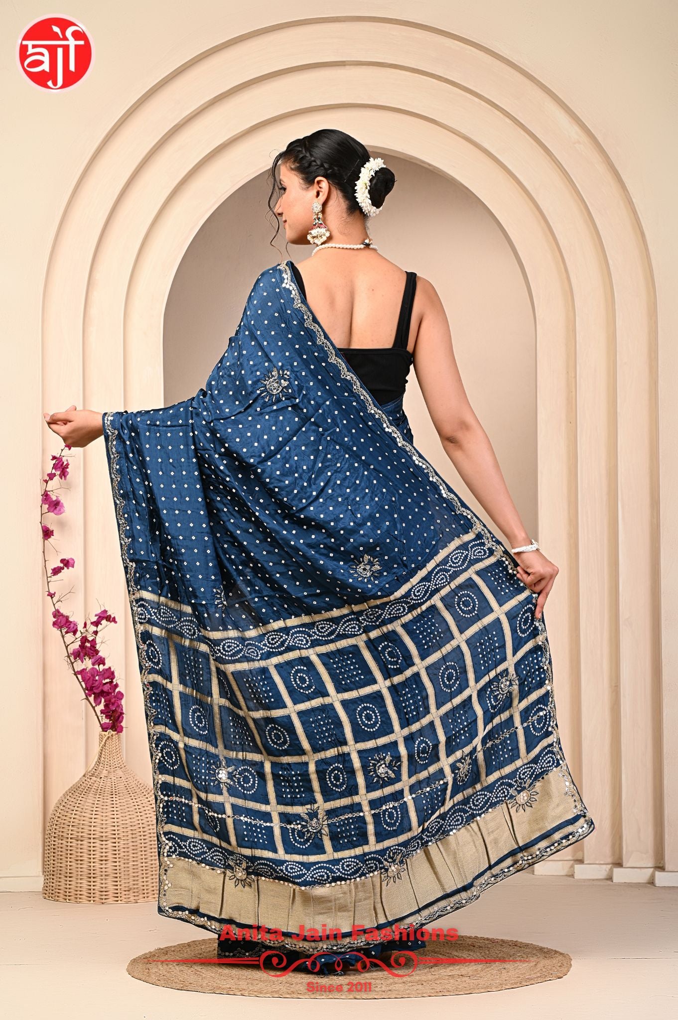 Teal Blue HO Silk Saree with Bandhani Design and Cut Work Border - back shot