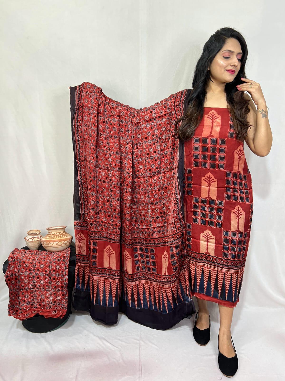 Pure Modal Silk Ajrakh hand Block Print With natural dying