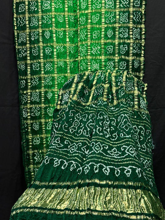 fabric: Modaal Gajji Silk Work: Style: Hand BandhaniProduct Type: Suit SetPattern: Lagdi PattaGive me all the details which I asked for.