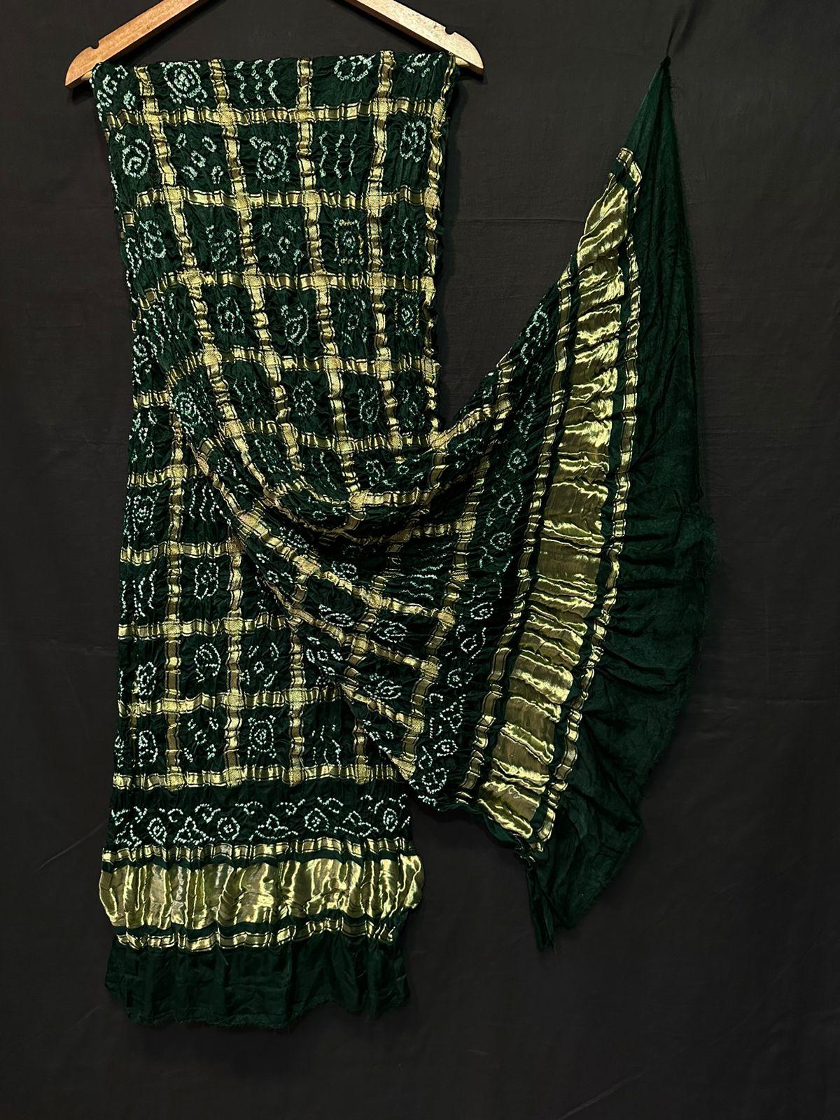 "Dark green Bandhani suit set with golden box pattern and zari border dupatta in Modaal Gajji Silk – Anita Jain Fashions"