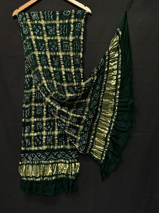 "Dark green Bandhani suit set with golden box pattern and zari border dupatta in Modaal Gajji Silk – Anita Jain Fashions"