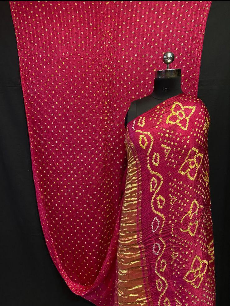 Rani Pink Bandhej Gajji Silk Lagdi Patta Saree