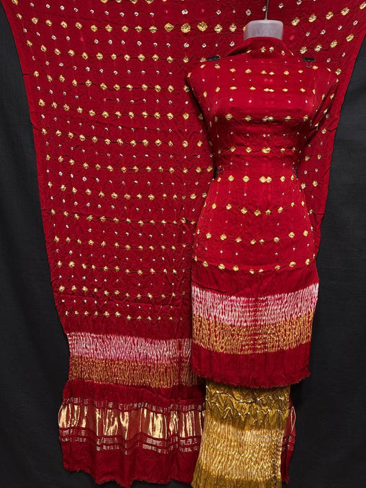 "Red Modaal Gajji Silk suit set with golden Bandhani work and Lagdi Patta dupatta – Anita Jain Fashions""Red Modaal Gajji Silk suit set with golden Bandhani work and Lagdi Patta dupatta – Anita Jain Fashions"