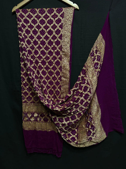 “Wine Modaal Gajji Silk Suit Set with handcrafted bandhani and golden lagdi patta dupatta – Anita Jain Fashions”