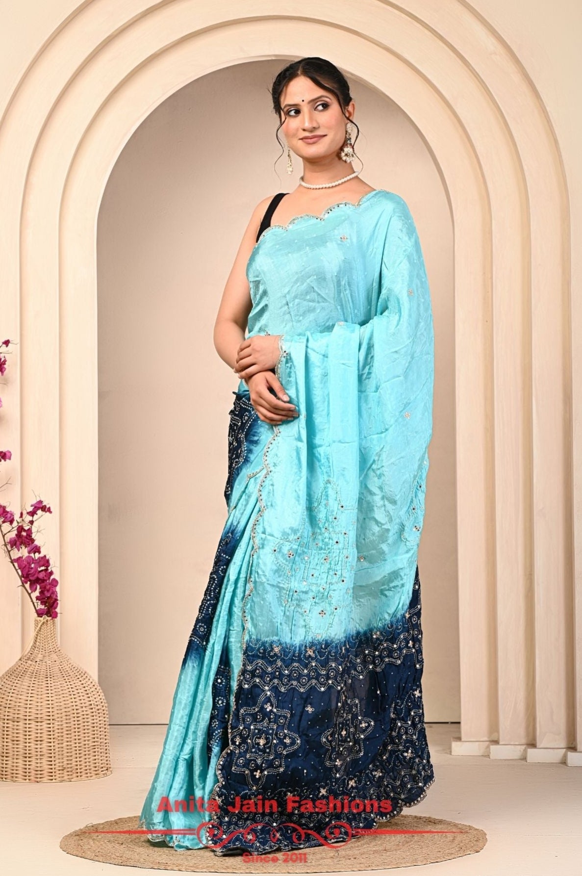 HO Silk Saree with Cut Work and Bandhani Design