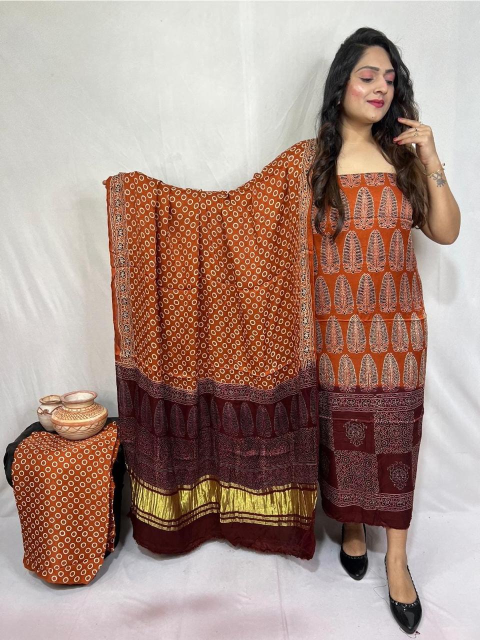 “Burnt Orange Bandhani Modaal Gajji Silk Suit with Maroon Lagdi Patta Dupatta – Anita Jain Fashions”