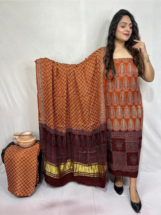 “Burnt Orange Bandhani Modaal Gajji Silk Suit with Maroon Lagdi Patta Dupatta – Anita Jain Fashions”