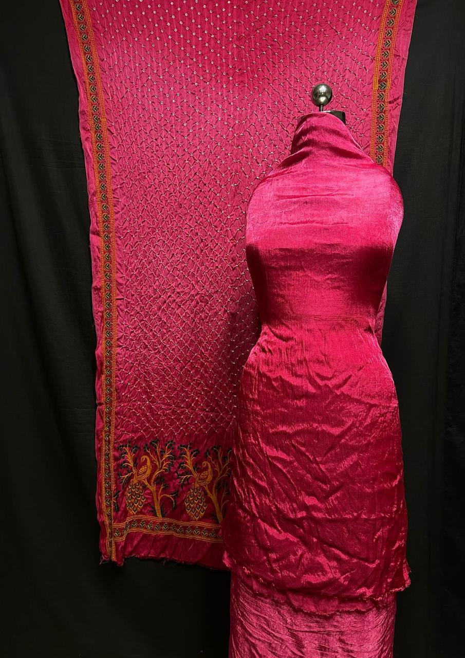 "Rani Pink Modaal Gajji Silk 3-piece suit set with embroidered floral Bandhani dupatta – Anita Jain Fashions""Rani Pink Modaal Gajji Silk 3-piece suit set with embroidered floral Bandhani dupatta – Anita Jain Fashions"