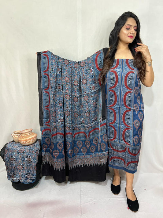 “Indigo modaal gajji silk suit with red wave print and lagdi patta dupatta – Anita Jain Fashions”