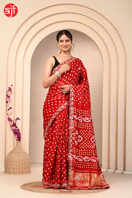Modal Gajji Silk Saree with Cut Work, Bandhani, and Gota Patti Design