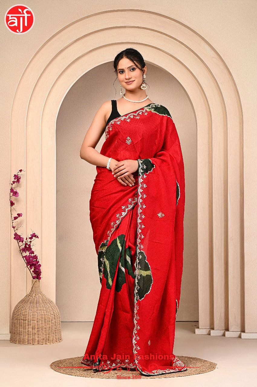 Red Green HO Silk Jacquard Saree with Gota Patti Design and Matching Blouse Piece
