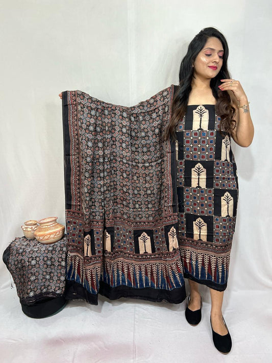 Black Modal Gajji Silk Bandhani Suit Set – Lagdi Patta with Ivory Block Motifs