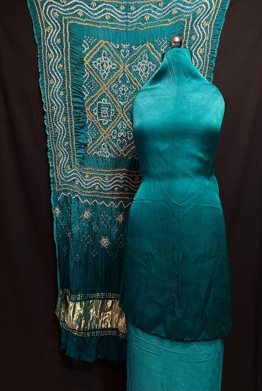 "Peacock Blue Modaal Gajji Silk 3-piece suit set with hand Bandhani and Lagdi Patta dupatta – Anita Jain Fashions