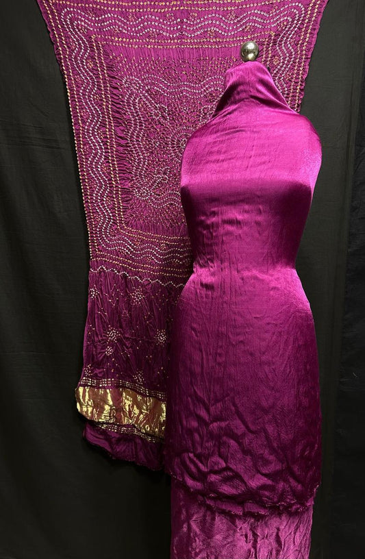 Magenta Modaal Gajji Silk 3-piece suit set with hand Bandhani and Lagdi Patta dupatta – Anita Jain Fashions"