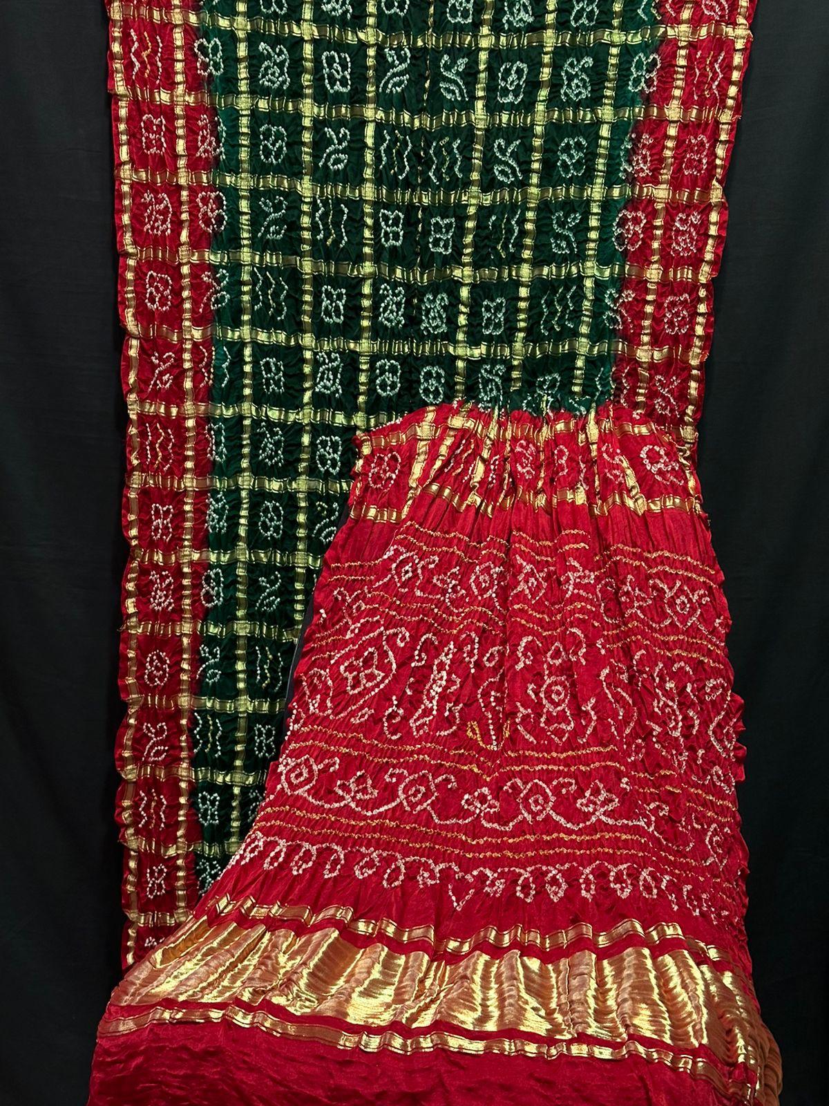 “Red and Green Modaal Gajji Bandhani Silk Suit Set with golden Lagdi Patta dupatta – Anita Jain Fashions”