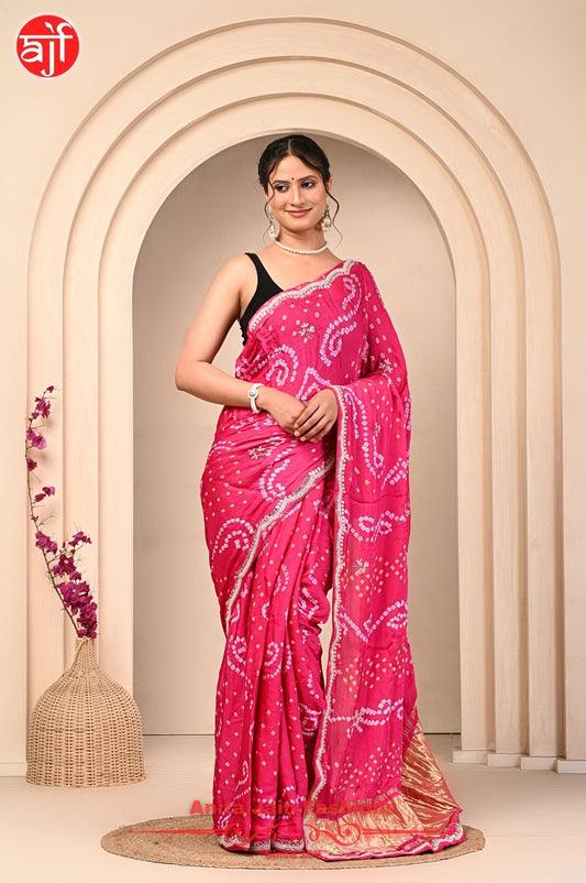 Modal Gajji Silk Saree with Hand Bandhani Design and Cut Work Border