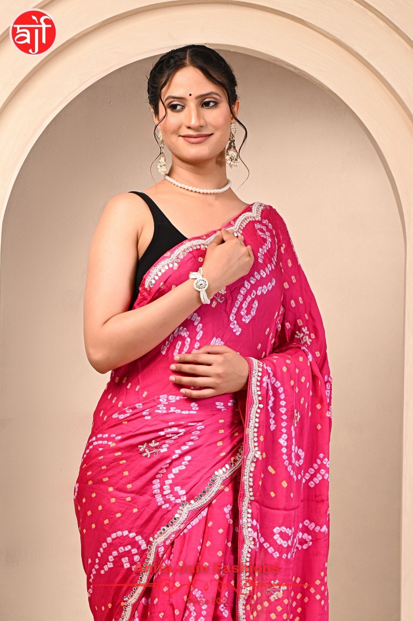 Modal Gajji Silk Saree with Hand Bandhani Design and Cut Work Border