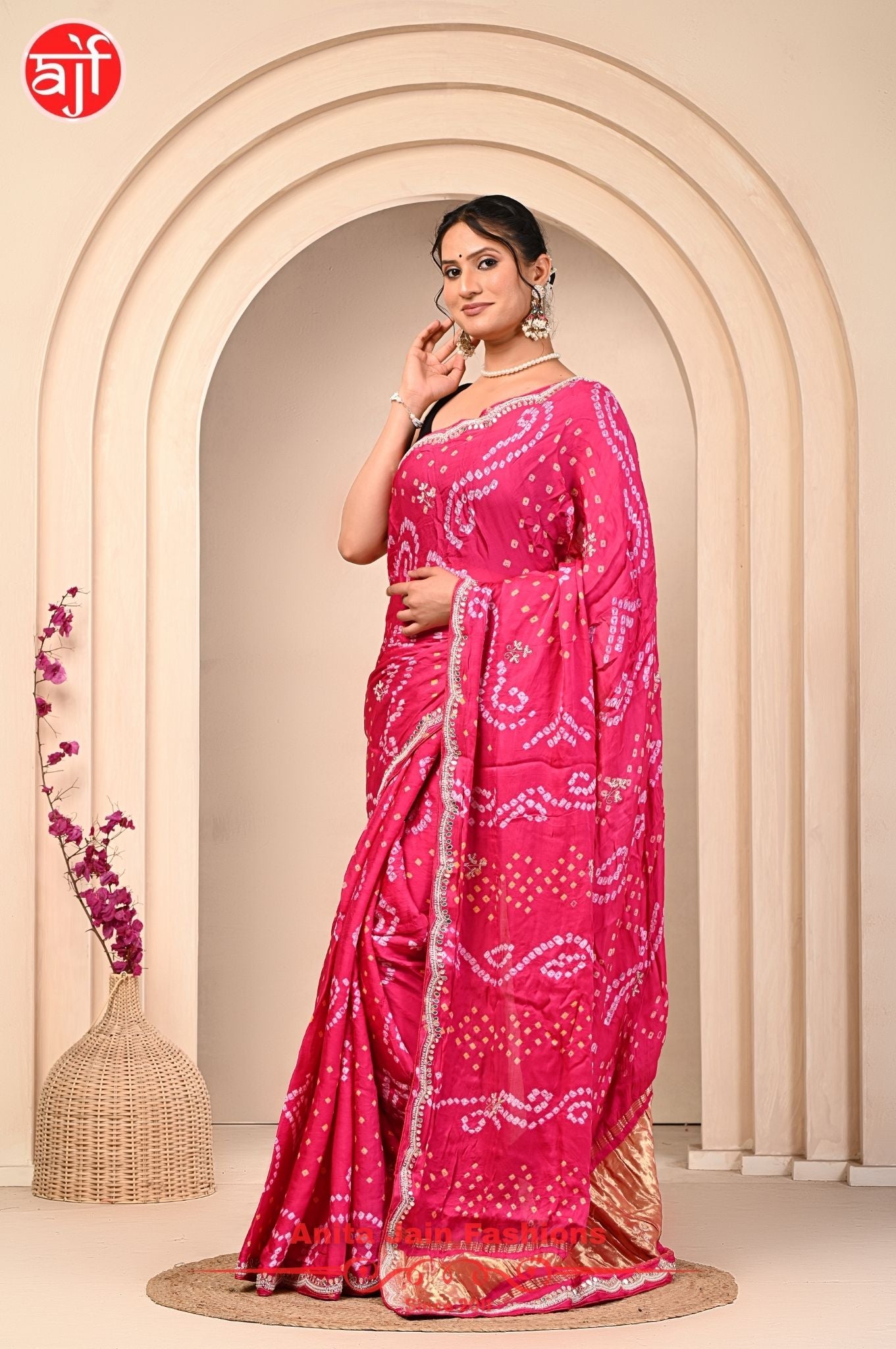 Modal Gajji Silk Saree with Hand Bandhani Design and Cut Work Border