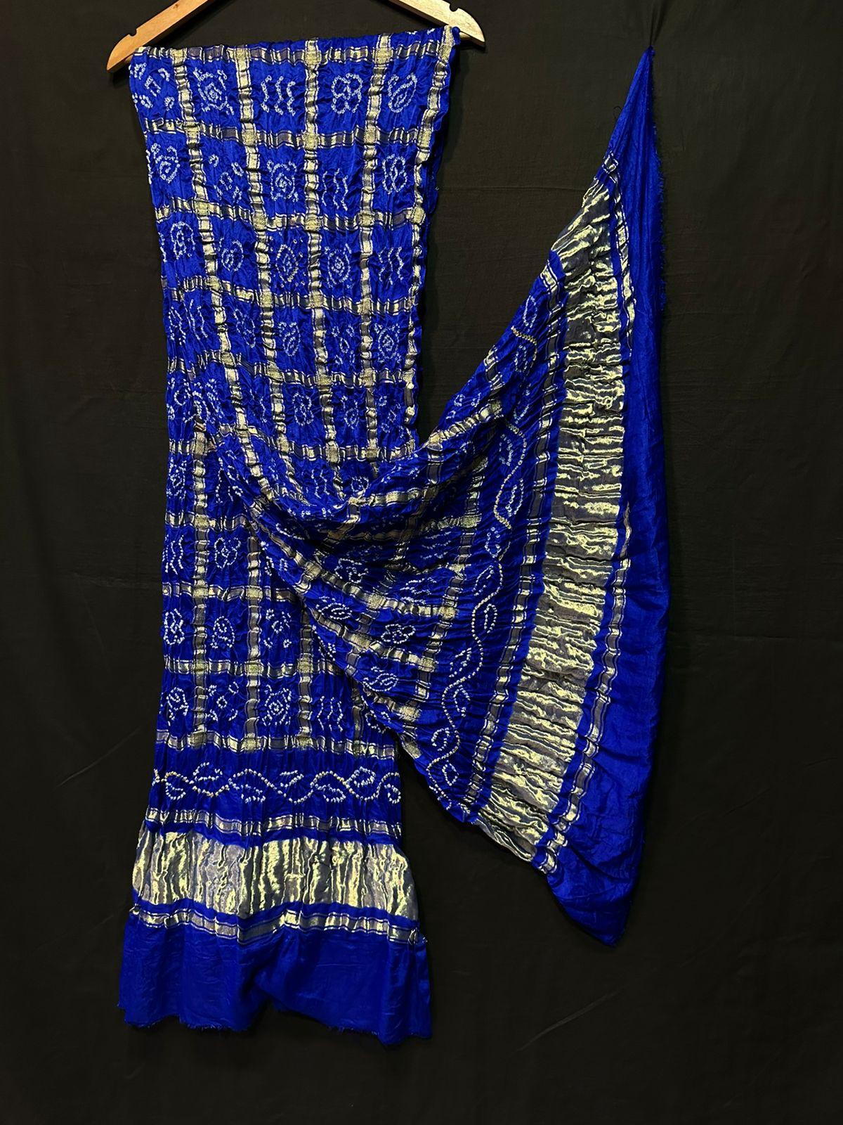 "Royal blue Bandhani suit with white box pattern and golden zari dupatta in Modaal Gajji Silk – Anita Jain Fashions""Royal blue Bandhani suit with white box pattern and golden zari dupatta in Modaal Gajji Silk – Anita Jain Fashions"