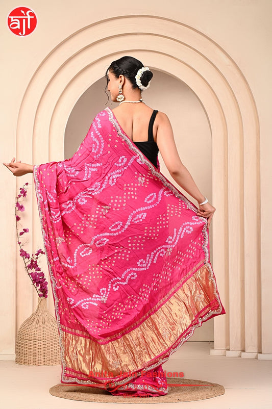 Modal Gajji Silk Saree with Hand Bandhani Design and Cut Work Border