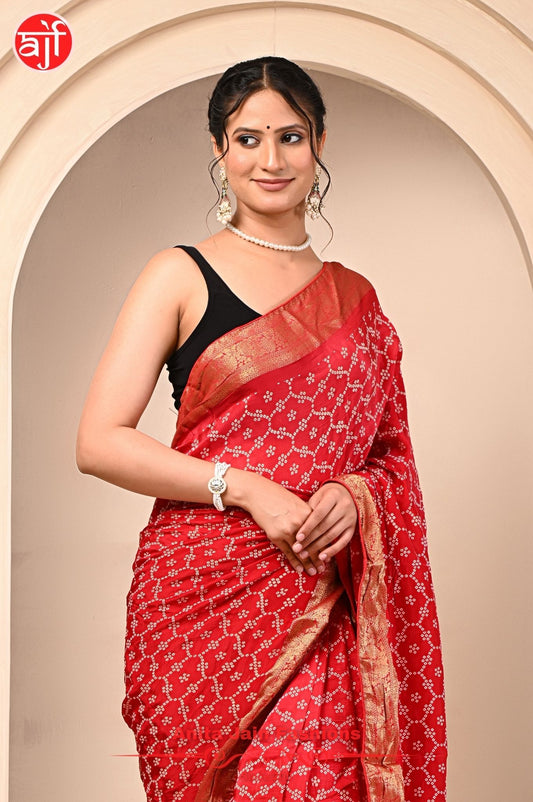 HO Silk Saree with Foil Print and Contrast Border