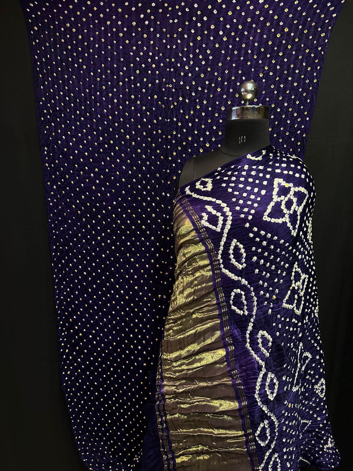 Navy Blue Bandhej Gajji Silk Lagdi Patta Saree