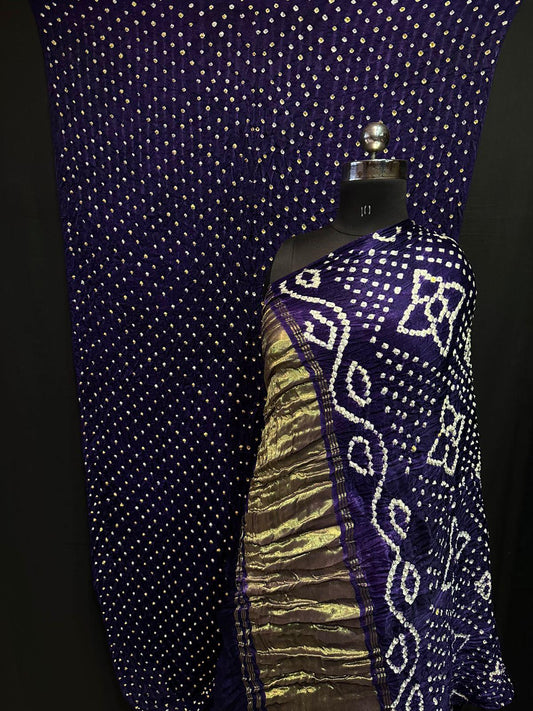 Navy Blue Bandhej Gajji Silk Lagdi Patta Saree