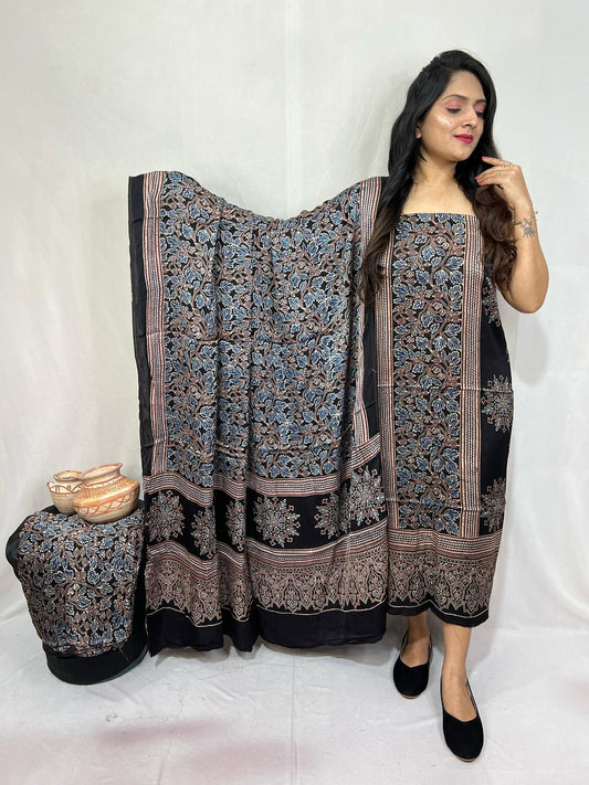 “Black Modaal Gajji Silk Suit Set with blue floral print and Lagdi Patta dupatta – Anita Jain Fashions”