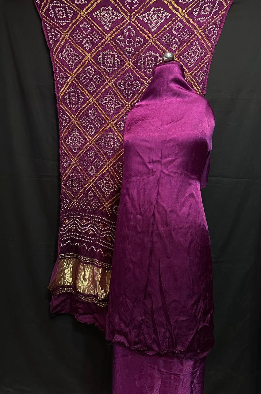 Rani Pink Modaal Gajji Silk 3-piece suit set with hand Bandhani and Lagdi Patta dupatta – Anita Jain Fashions"