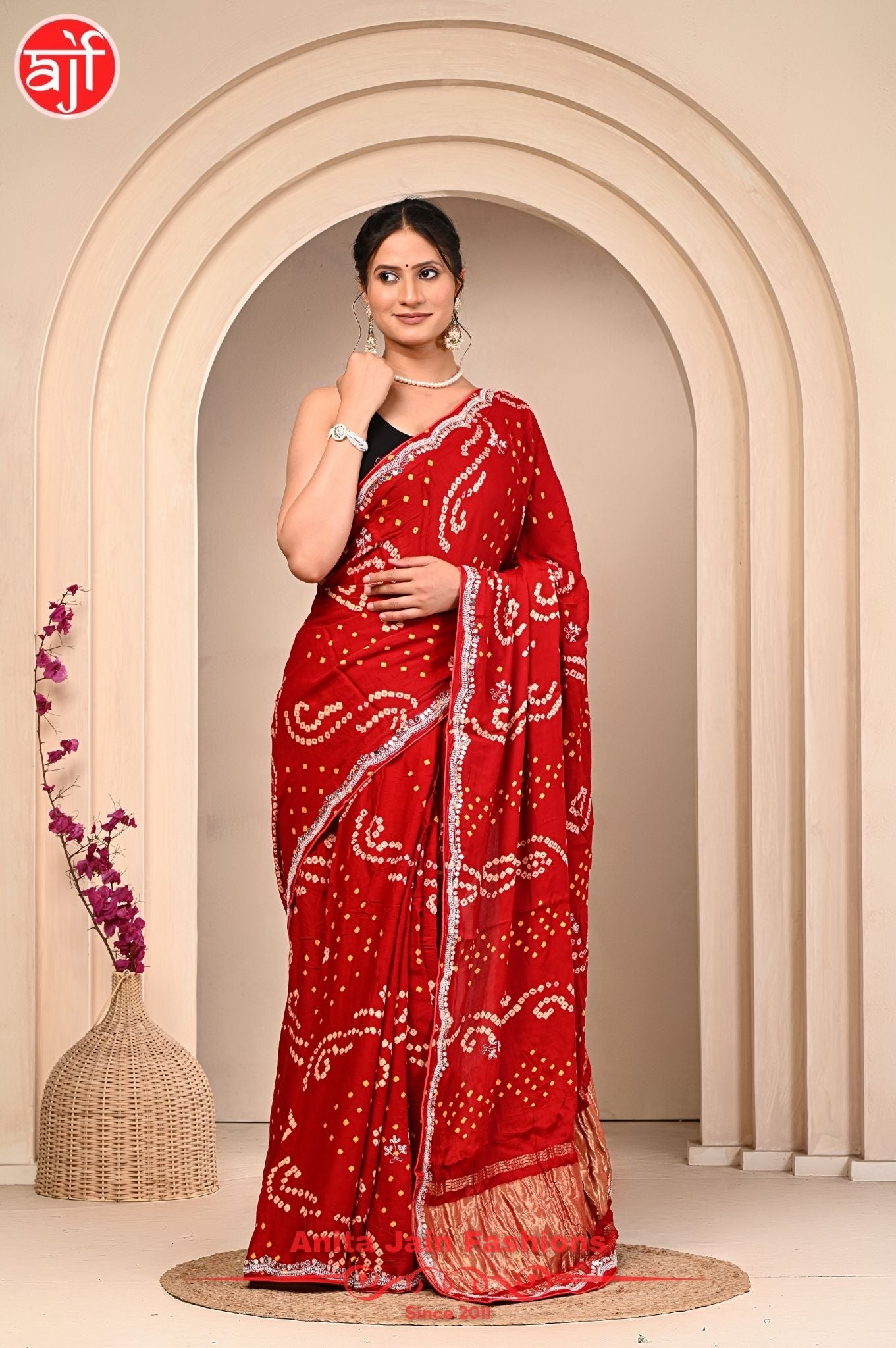 Modal Gajji Silk Saree with Hand Bandhani Design and Cut Work Border