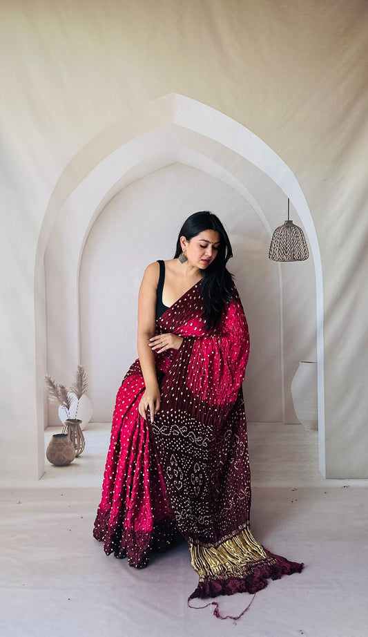 Mehroon Pink Modal Gajji Silk Saree with Hand Bandhani Design and Contrast Pallu