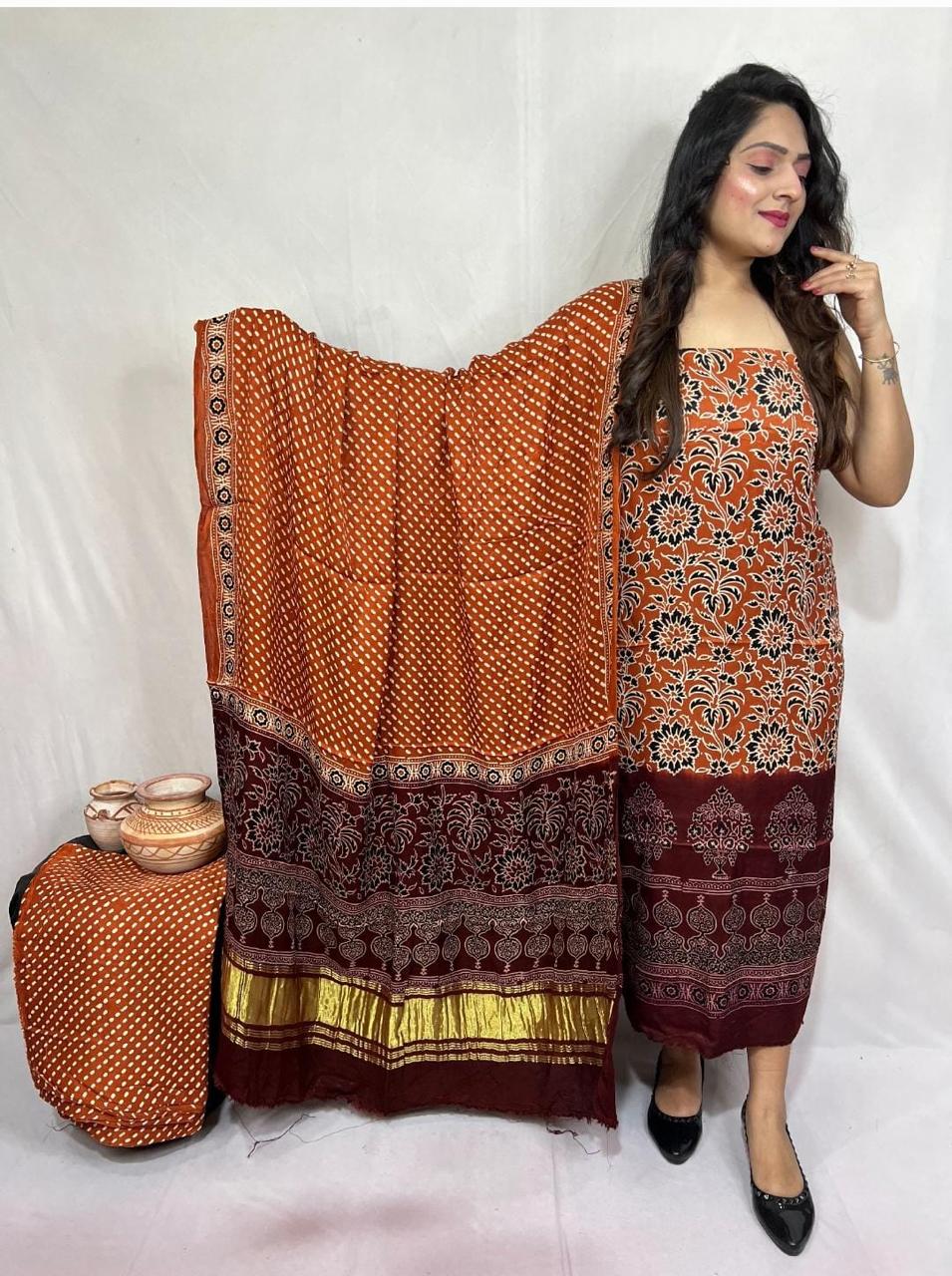 “Rust Orange Bandhani Suit Set in Modaal Gajji Silk with Maroon Lagdi Patta Dupatta – Anita Jain Fashions”