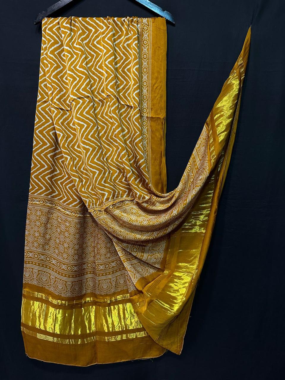Mustard Zigzag Bandhani Modal Gajji Silk Dupatta with Zari Border
