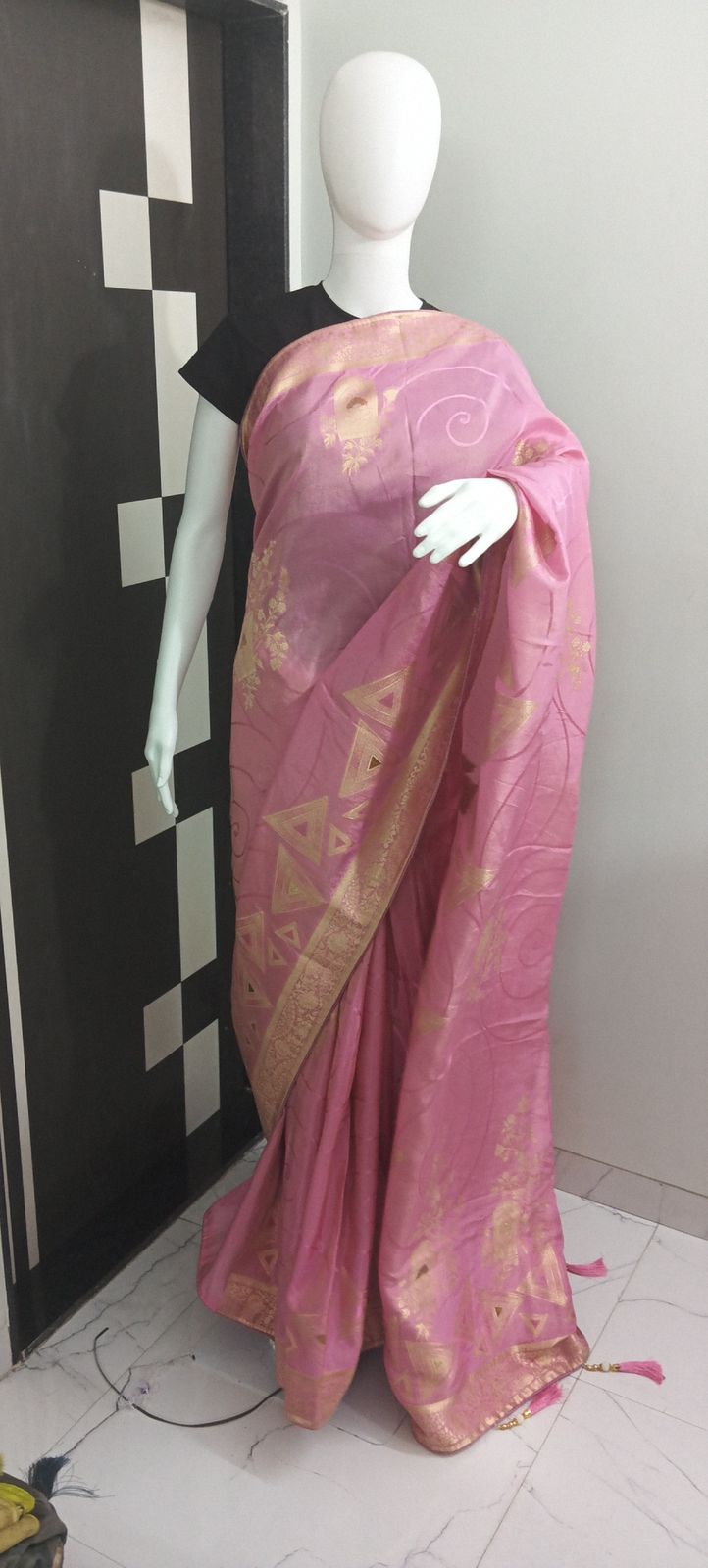 Pink Simar Tissue Saree with Zari Weaving and Floral Print, Includes Blouse Piece