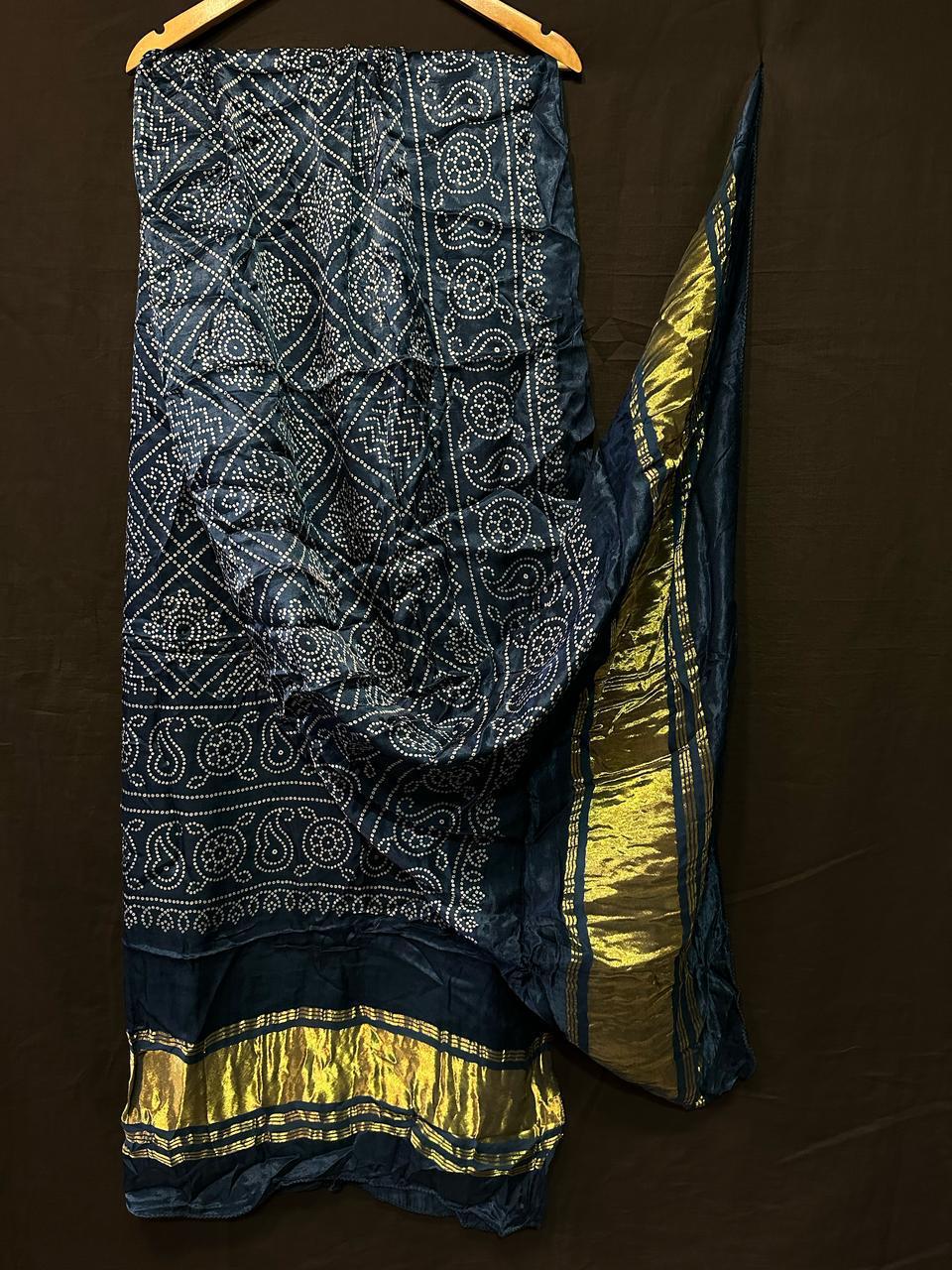 "Navy Blue Bandhani Modaal Gajji Silk Suit with Golden Zari Lagdi Patta Dupatta – Festive Indian Ethnic Wear"