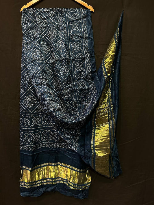 "Navy Blue Bandhani Modaal Gajji Silk Suit with Golden Zari Lagdi Patta Dupatta – Festive Indian Ethnic Wear"