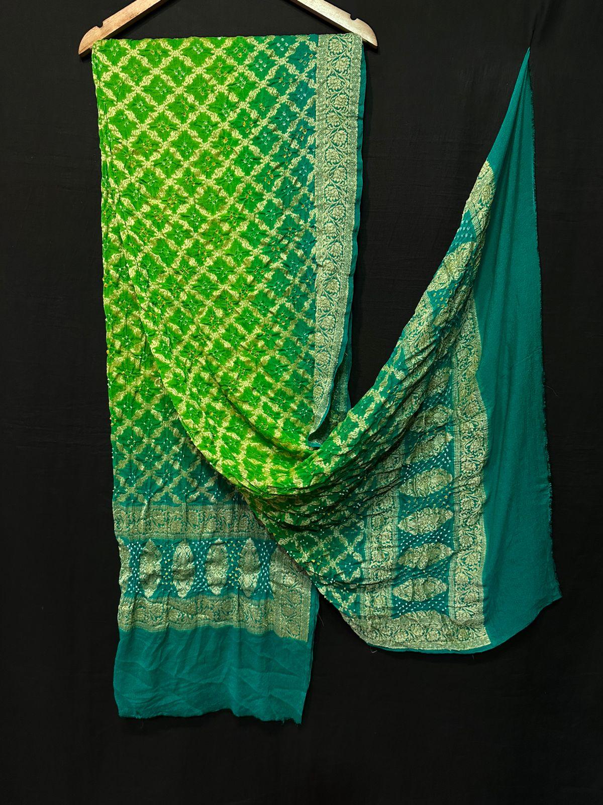 “Green & Teal Modaal Gajji Silk Bandhani Suit with Lagdi Patta Dupatta – Anita Jain Fashions”