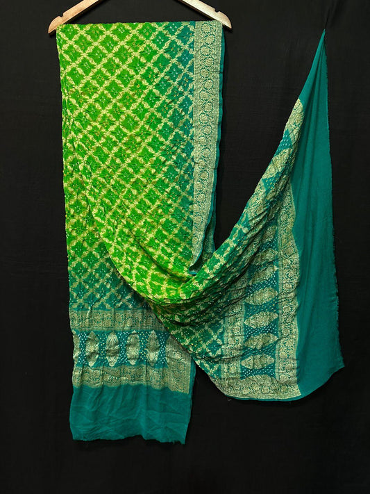 “Green & Teal Modaal Gajji Silk Bandhani Suit with Lagdi Patta Dupatta – Anita Jain Fashions”