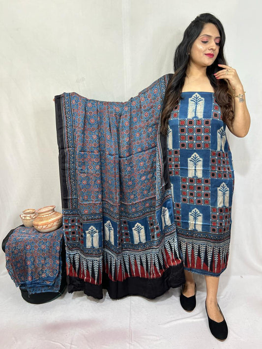 Blue Modal Gajji Silk Bandhani Suit Set – Lagdi Patta with Ivory Block Print