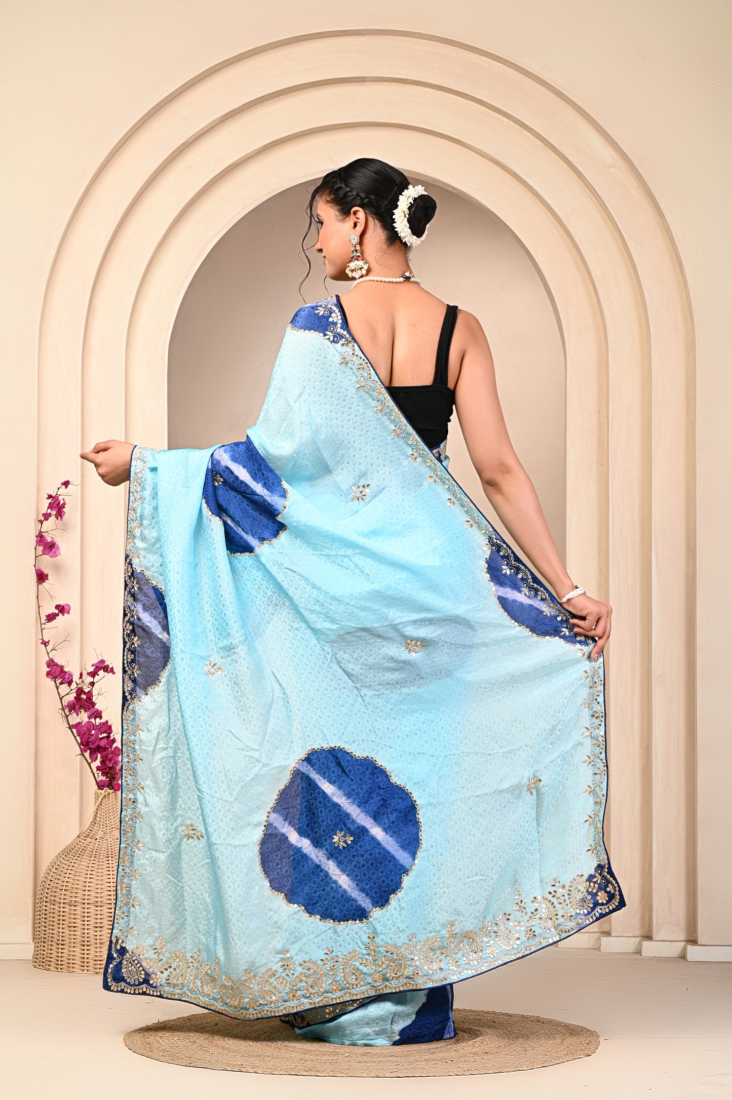 Blue Firozi HO Silk Jacquard Saree with Gota Patti Work and Contrast Pallu