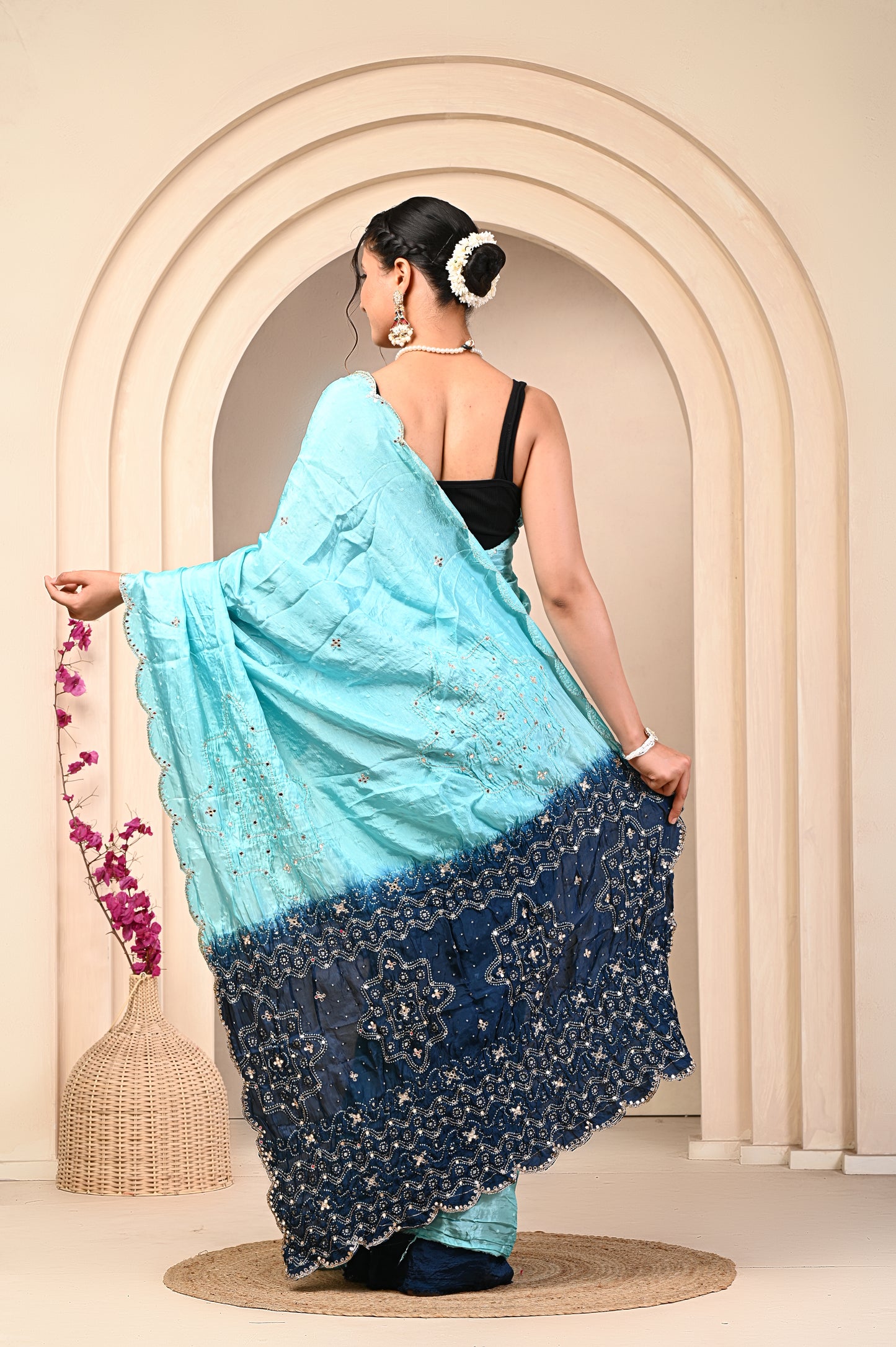 HO Silk Firoji Teal Blue Saree with Cut Work and Bandhani Design