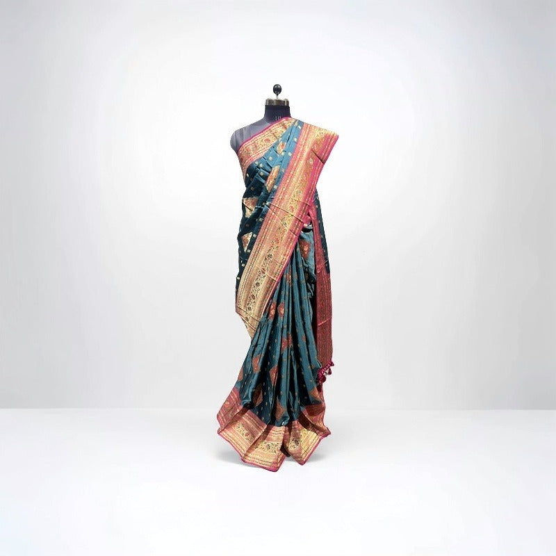 Teal Blue Kanni Silk Saree with Pink Zari Border - Anita Jain Fashions