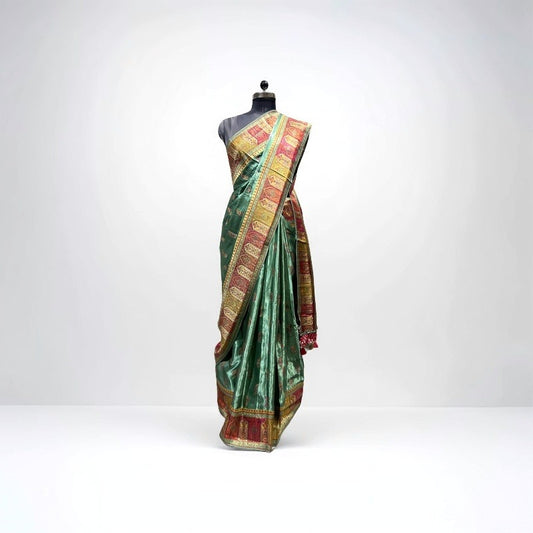 Green Kanni Silk Saree with Red-Golden Zari Border - Anita Jain Fashions