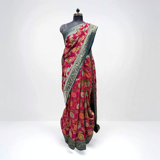 Dark Pink Kanni Silk Saree with Navy Zari Border - Anita Jain Fashions
