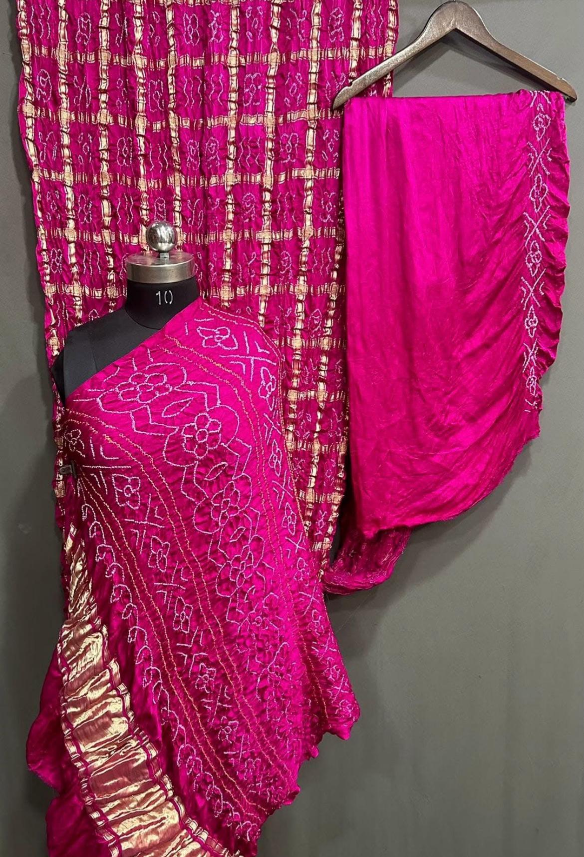 Rani Pink Pure Gajji Silk Ghatchola Bandhani Saree with Hand Rai Work - Anita Jain Fashions