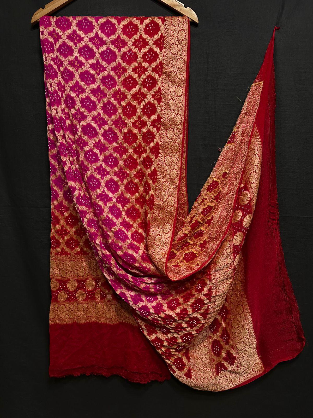 “Hot pink to red Modaal Gajji Silk Bandhani Suit Set with golden Lagdi Patta Dupatta – Anita Jain Fashions”